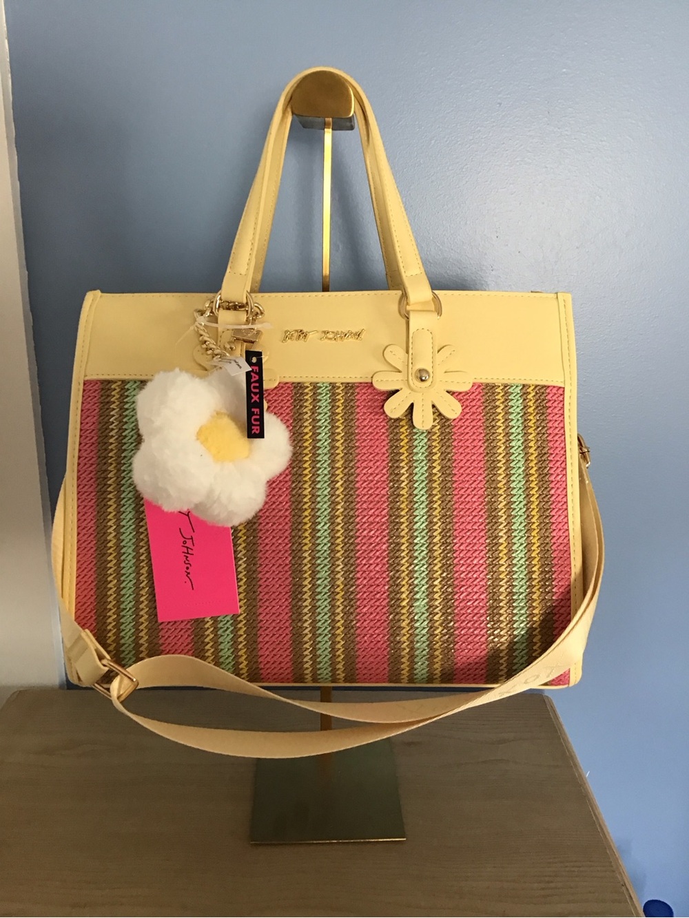 New Betsey Johnson Yellow Multicolor Straw Tote with Daisy Charm